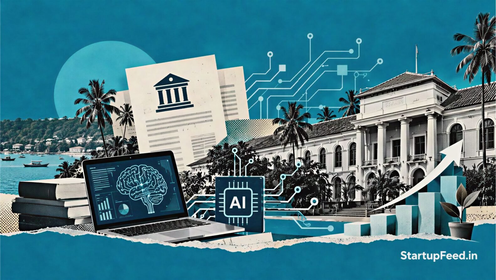Goa AI Policy 2026 visual with government building, AI circuits and startup innovation symbols
