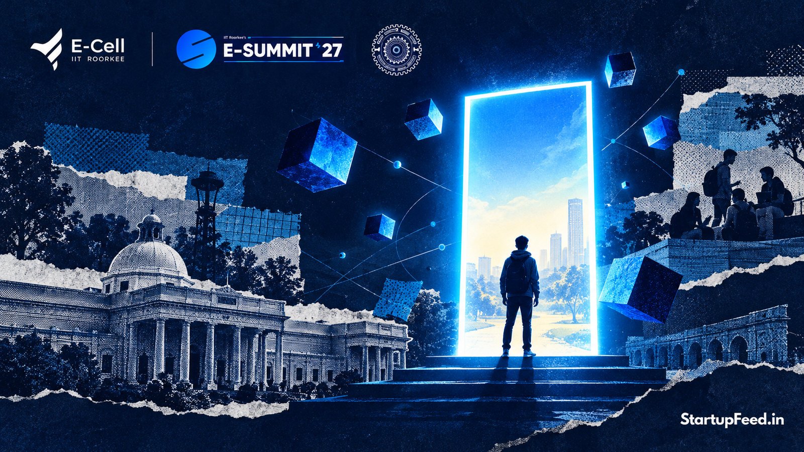 IIT Roorkee campus ambassador promotional artwork with E-Summit 2027 branding and a glowing doorway
