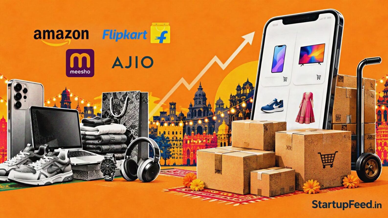 Festive sales shopping scene with smartphones, parcels and Indian e-commerce delivery activity