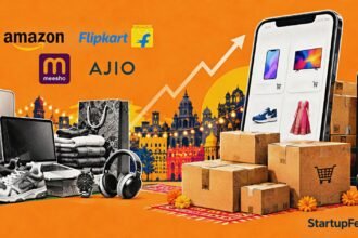 Festive sales shopping scene with smartphones, parcels and Indian e-commerce delivery activity