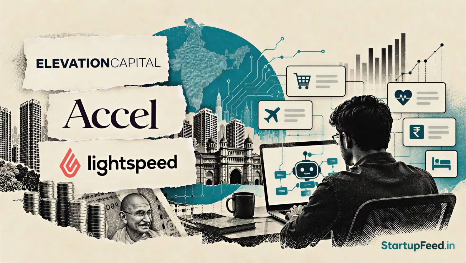 Indian VCs AI agent funding depicted through investor logos, connected technology systems and startup activity