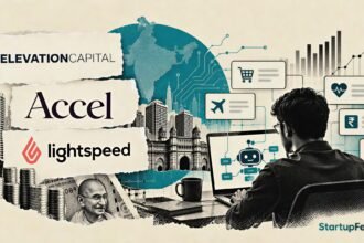Indian VCs AI agent funding depicted through investor logos, connected technology systems and startup activity