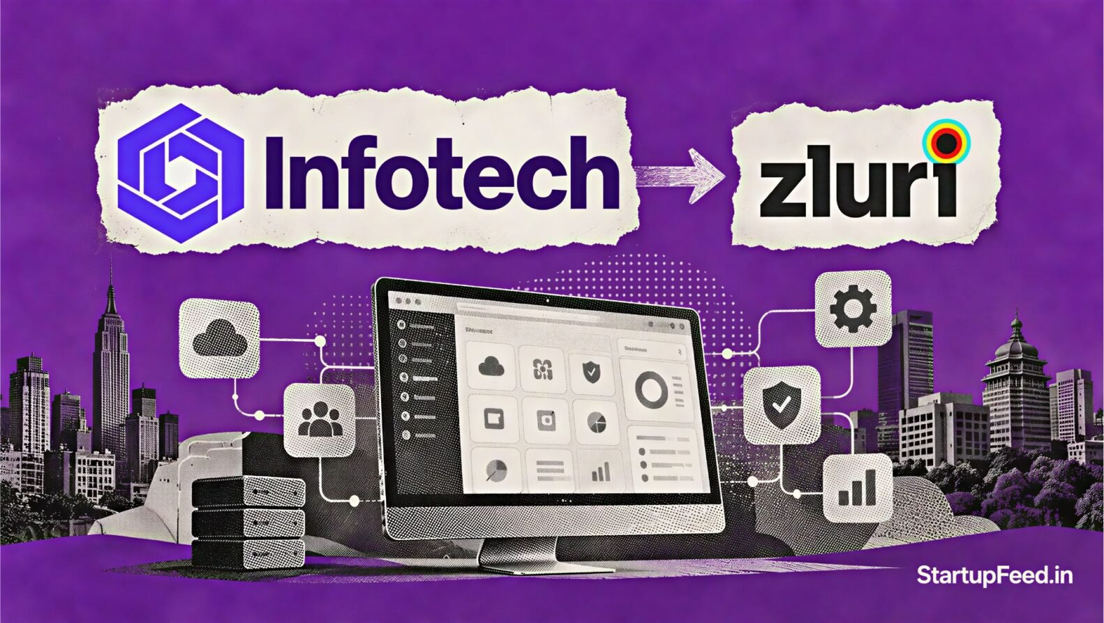 Infotech acquires Zluri in a purple editorial scene with linked company logos and a SaaS workspace