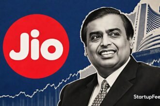 Jio Platforms IPO price band notice outside a Reliance Jio store
