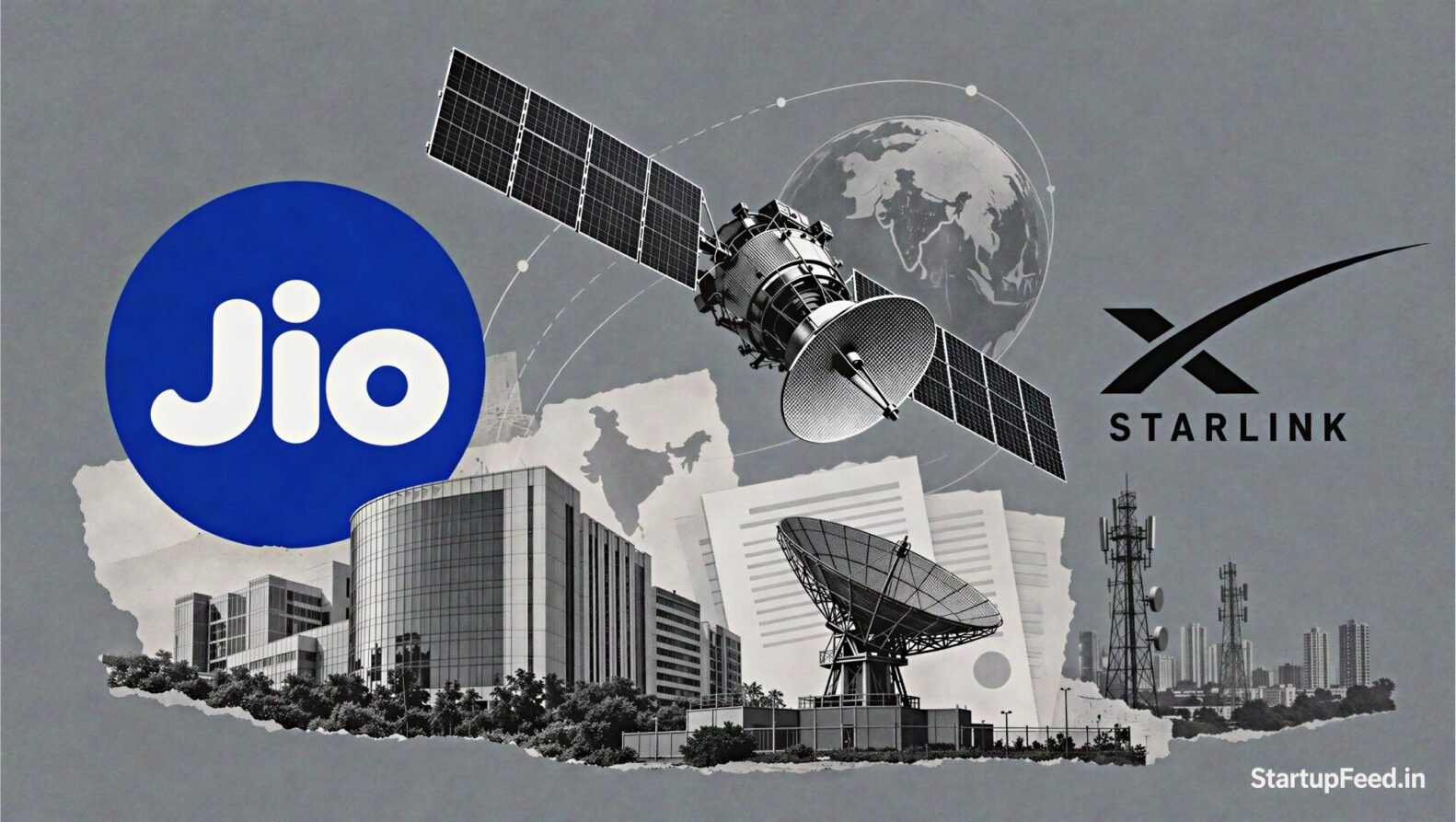 Jio satellite services and Starlink logos beside satellite connectivity equipment awaiting Indian regulatory clearance