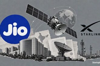 Jio satellite services and Starlink logos beside satellite connectivity equipment awaiting Indian regulatory clearance
