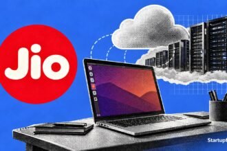 JioPC cloud PC editorial collage showing Jio branding and a laptop connected to cloud computing infrastructure