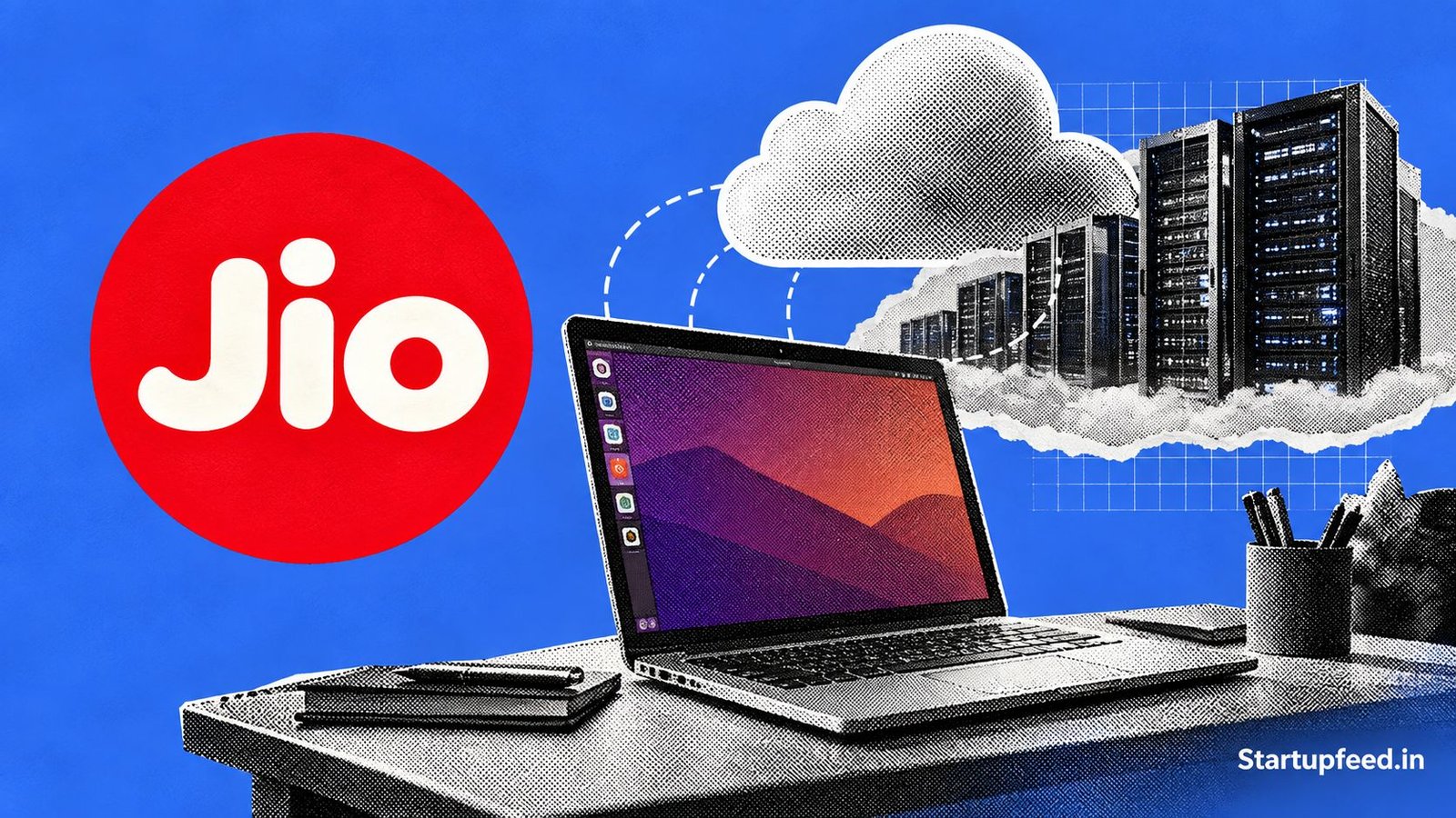 JioPC Cloud PC Opens to All of India at Rs 1,000 for 2 Months 41 JioPC cloud PC editorial collage showing Jio branding and a laptop connected to cloud computing infrastructure