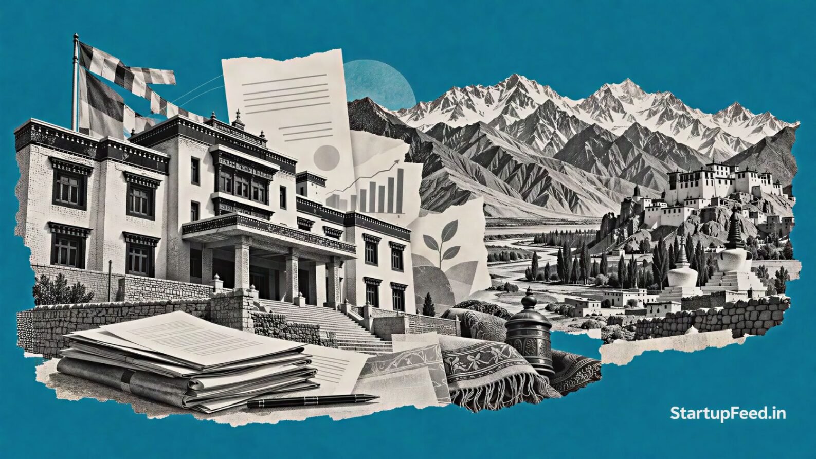 Ladakh Startup Policy visual featuring Leh's mountain landscape and an official building representing Rs 100 crore support