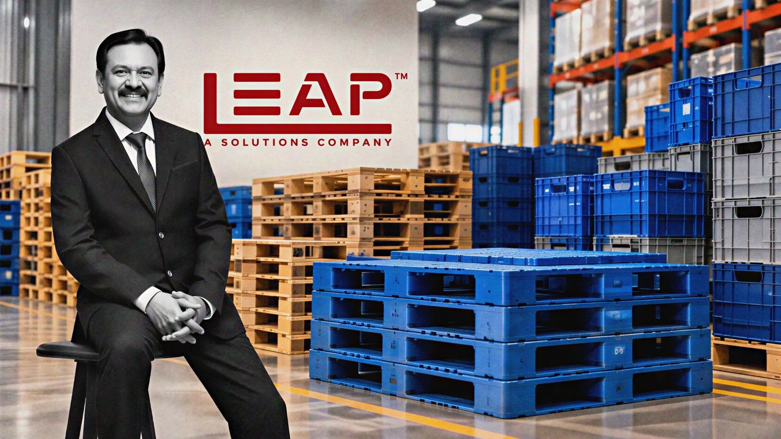LEAP India blue pallets stacked at a logistics and supply chain warehouse
