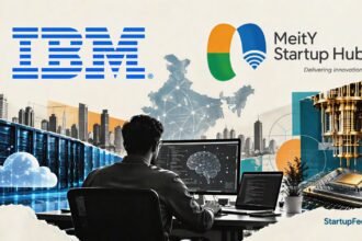 MeitY Startup Hub and IBM logos alongside an AI technology workspace representing their deep-tech partnership