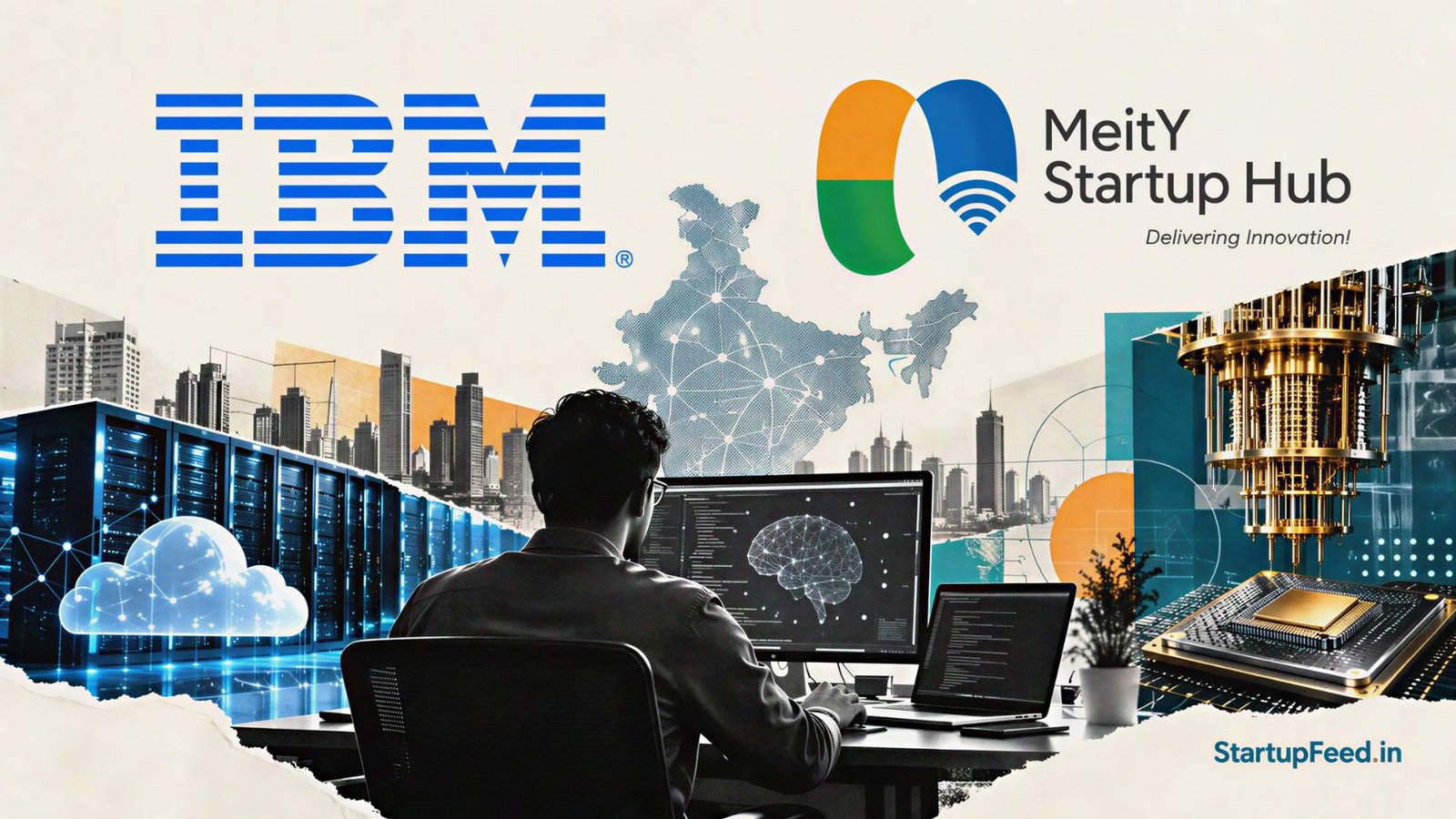 MeitY Startup Hub and IBM logos alongside an AI technology workspace representing their deep-tech partnership