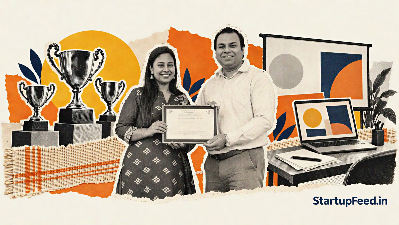 MIET Meerut Names 3 Startup Pitch Winners at Khadi Mahotsav 1 MIET Meerut startup pitching contest scene with trophies, a presentation desk and khadi fabric