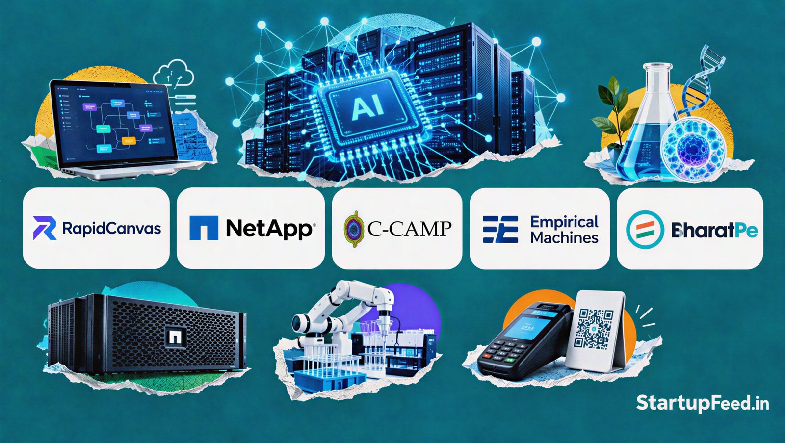 Morning Five: RapidCanvas Raises $29 Million, 17 October 41 Morning Five logos of RapidCanvas, NetApp, C-CAMP, Empirical Machines and BharatPe with AI, biotech and digital payment objects