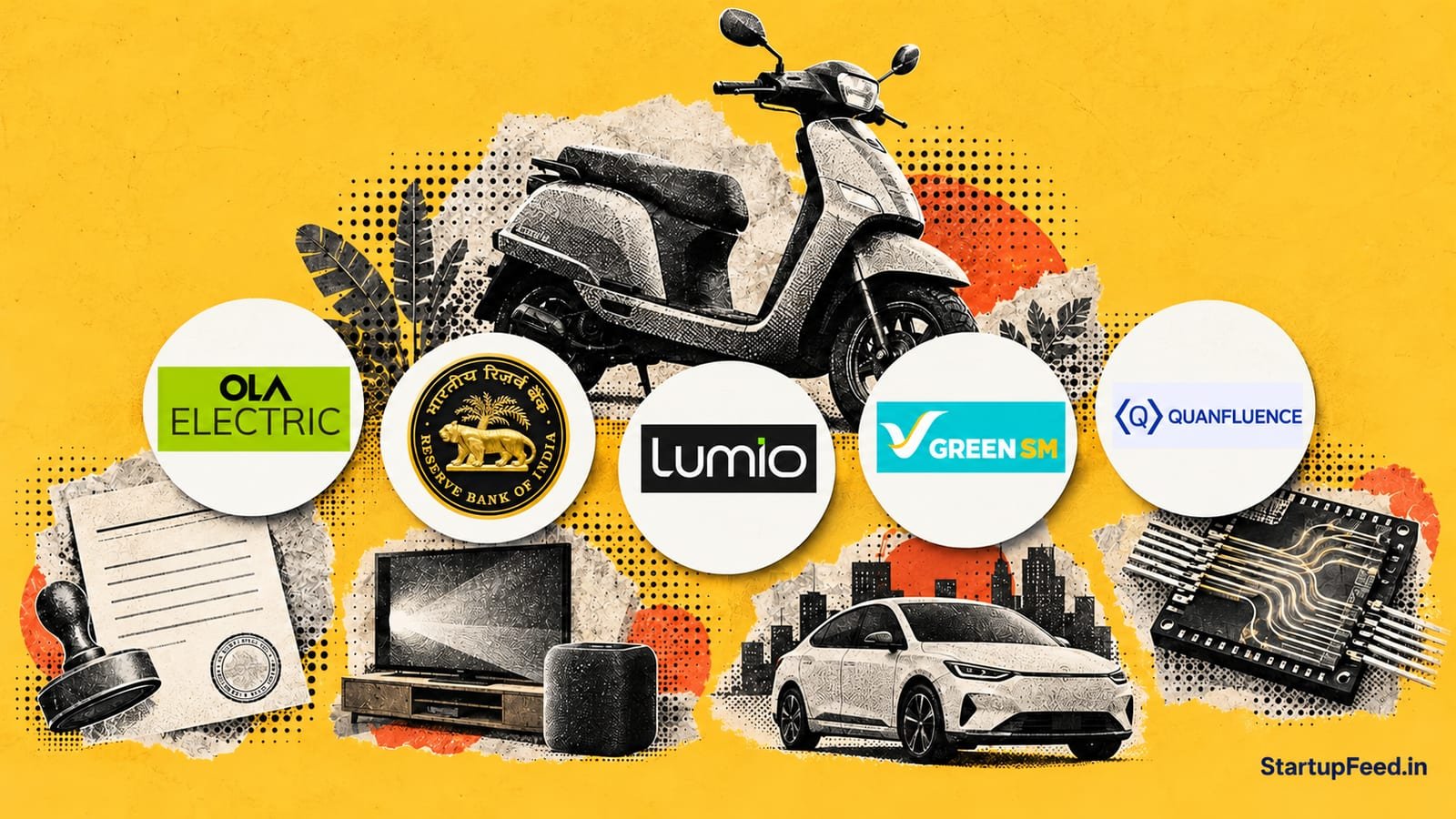 Morning Five card with electric scooter, policy document, home electronics, electric cab and quantum chip