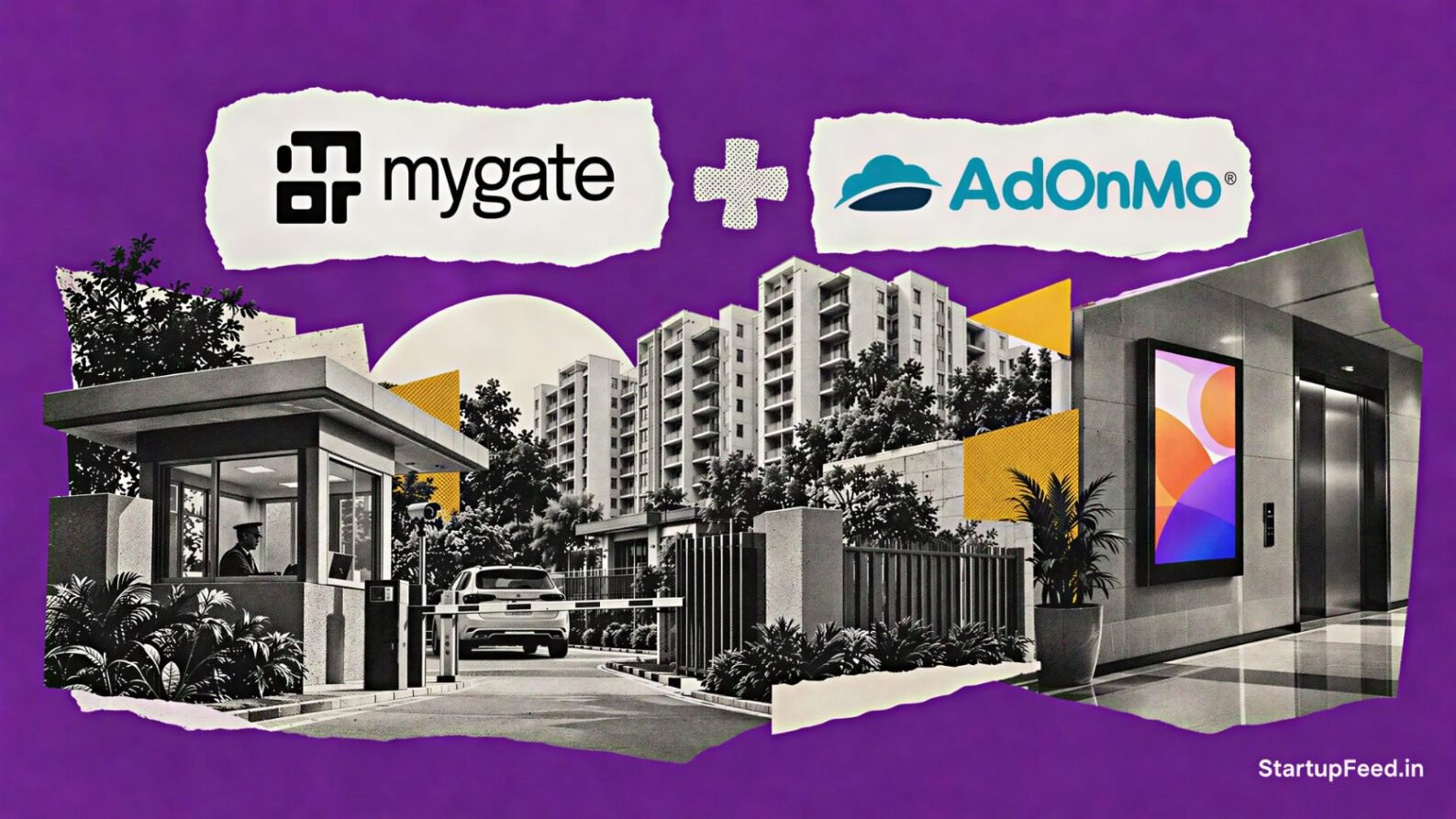 Mygate AdOnMo merger shown through a gated society entrance and lift-lobby screen