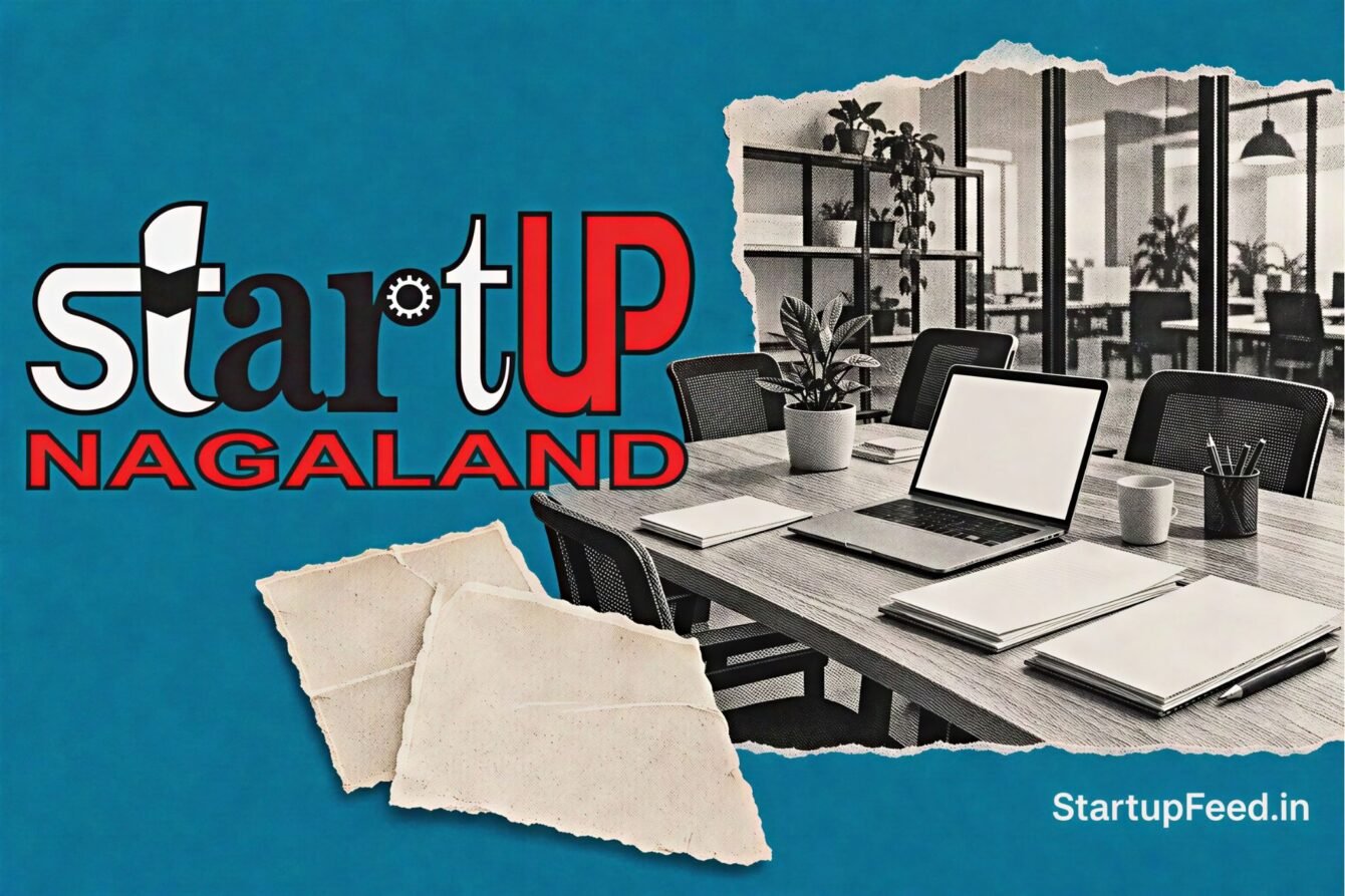 Nagaland Startup Policy with Startup Nagaland logo, office setting and policy documents on a teal background