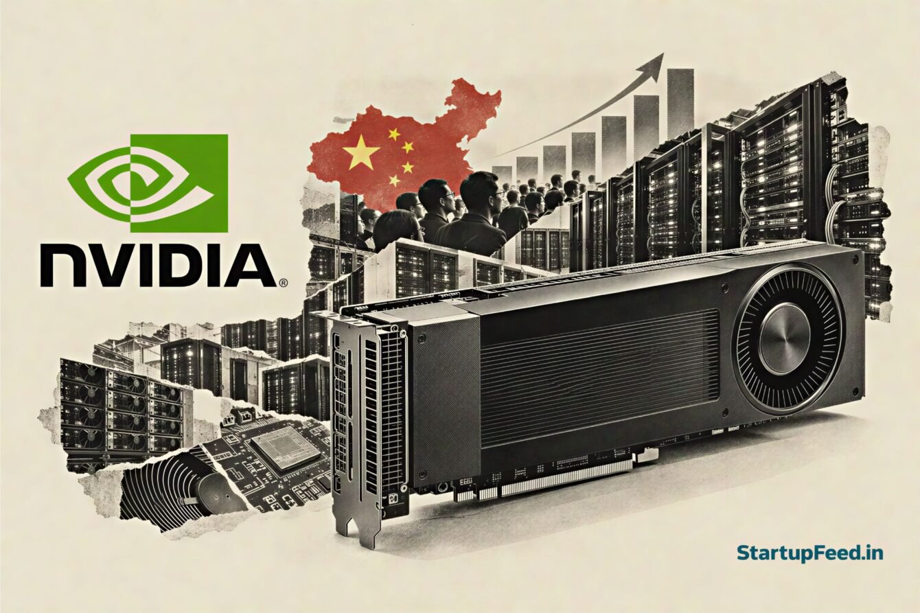 Nvidia RTX PRO 5500 shortage depicted with GPU hardware and Chinese AI demand in a data centre scene