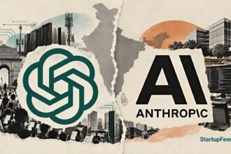 OpenAI vs Anthropic in India comparison featuring ChatGPT and Claude logos with technology-themed editorial elements