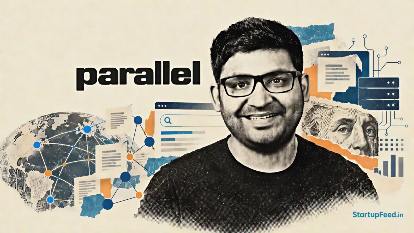 Parag Agrawal, founder of Parallel Web Systems and former Twitter CEO, with AI infrastructure visuals