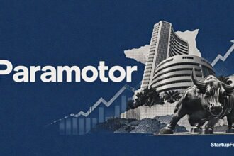 Rahul Anand beside Paramotor IPO branding and a halftone stock exchange building on a navy background
