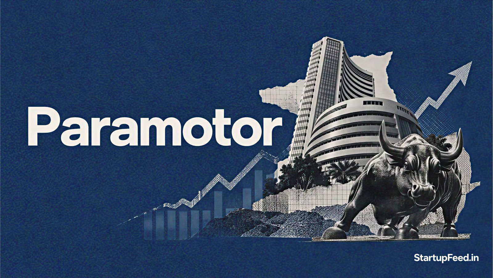 Rahul Anand beside Paramotor IPO branding and a halftone stock exchange building on a navy background