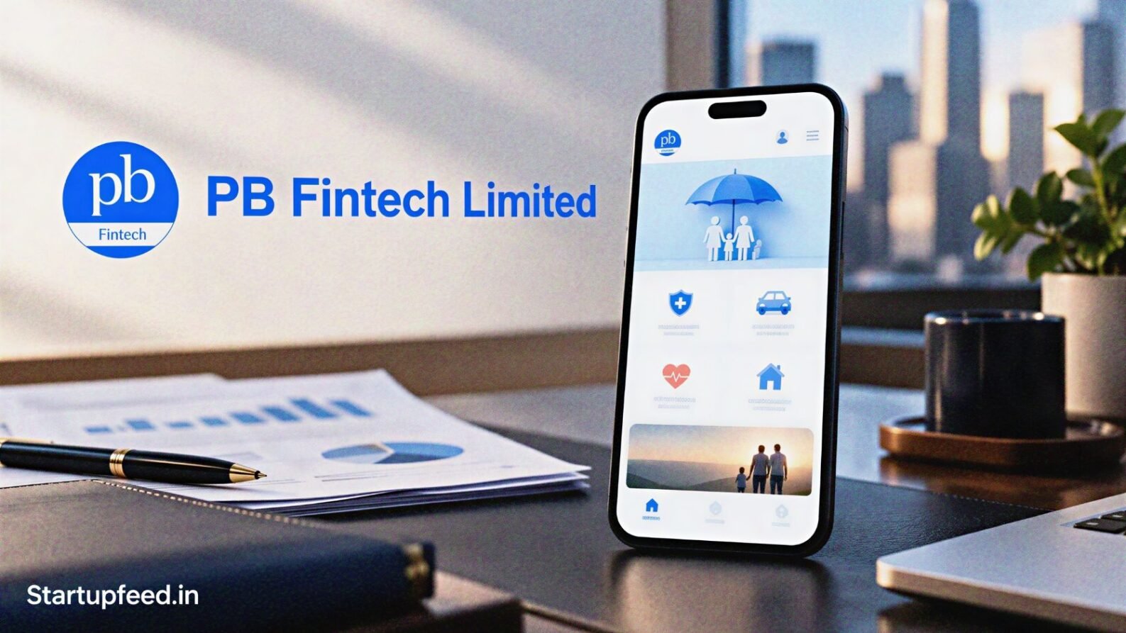 PB Fintech Q2 FY27 results illustrated by a Policybazaar-branded smartphone and financial documents, highlighting the company's profit and revenue growth