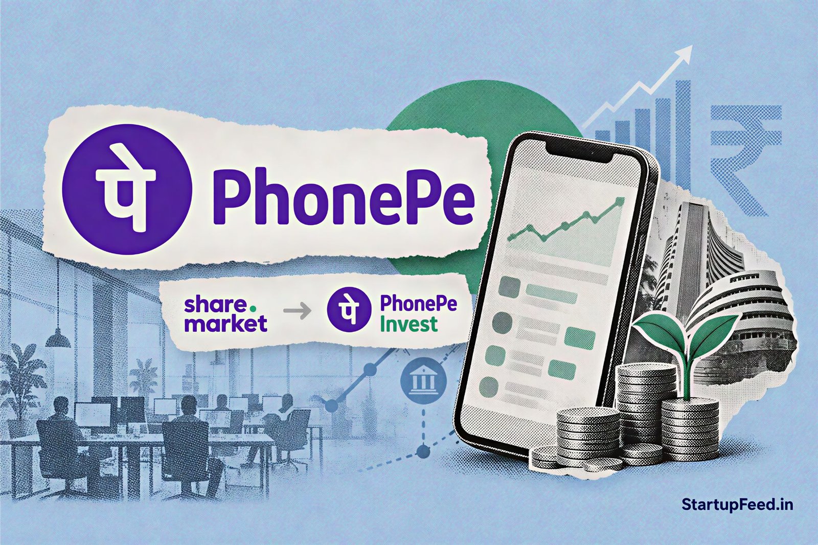 PhonePe Invest rebrand with Rahul Chari portrait, Share.Market branding and portfolio analysis visuals