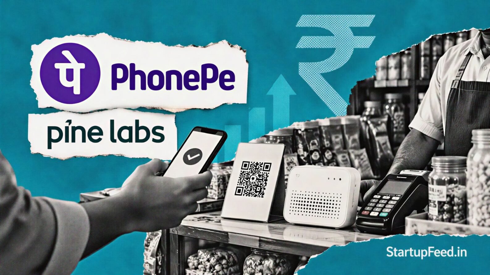 UPI MDR payment scene with PhonePe device, soundbox and QR at an Indian merchant counter