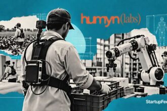 Physical AI startups data collection scene with worker sensor rig and robotics training environment