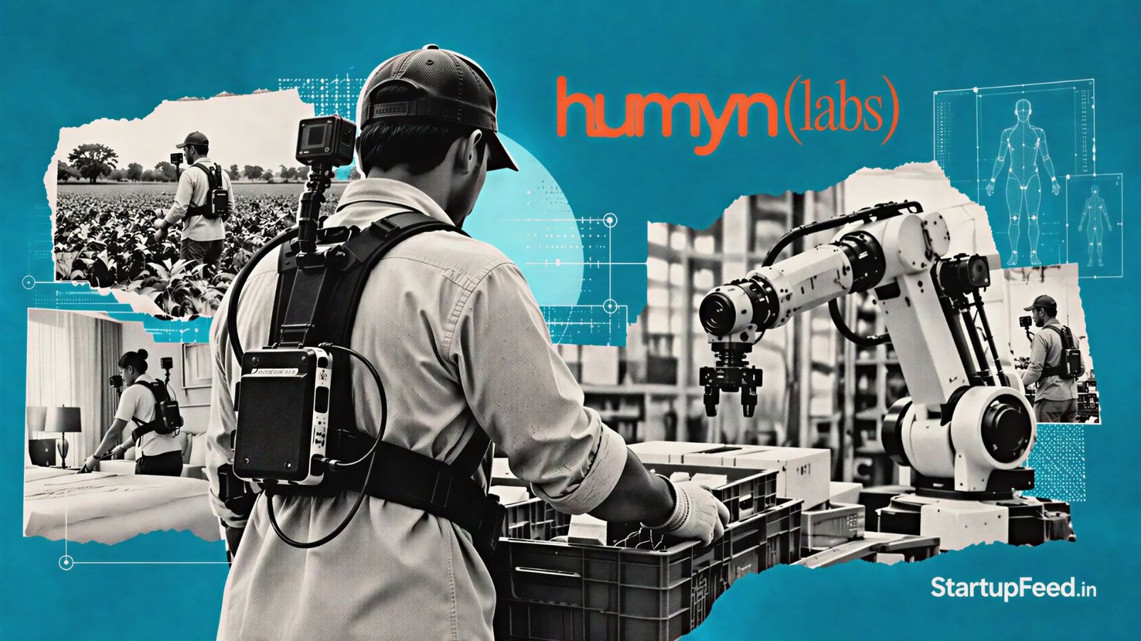 Physical AI startups data collection scene with worker sensor rig and robotics training environment