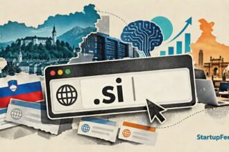 .si domain super intelligence rush shown with Slovenia domain symbols and Indian startup web elements