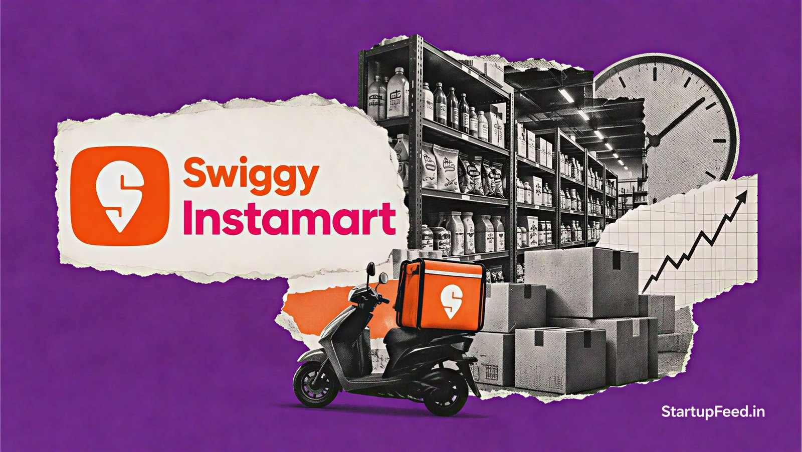 Swiggy Instamart to Own Inventory, Targets 80 Bps Margin Gain 1 Swiggy Instamart inventory ownership visual with dark store shelves, delivery bag and company logo