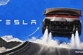 Tesla Roadster prototype airborne during its October 2026 reveal in Texas