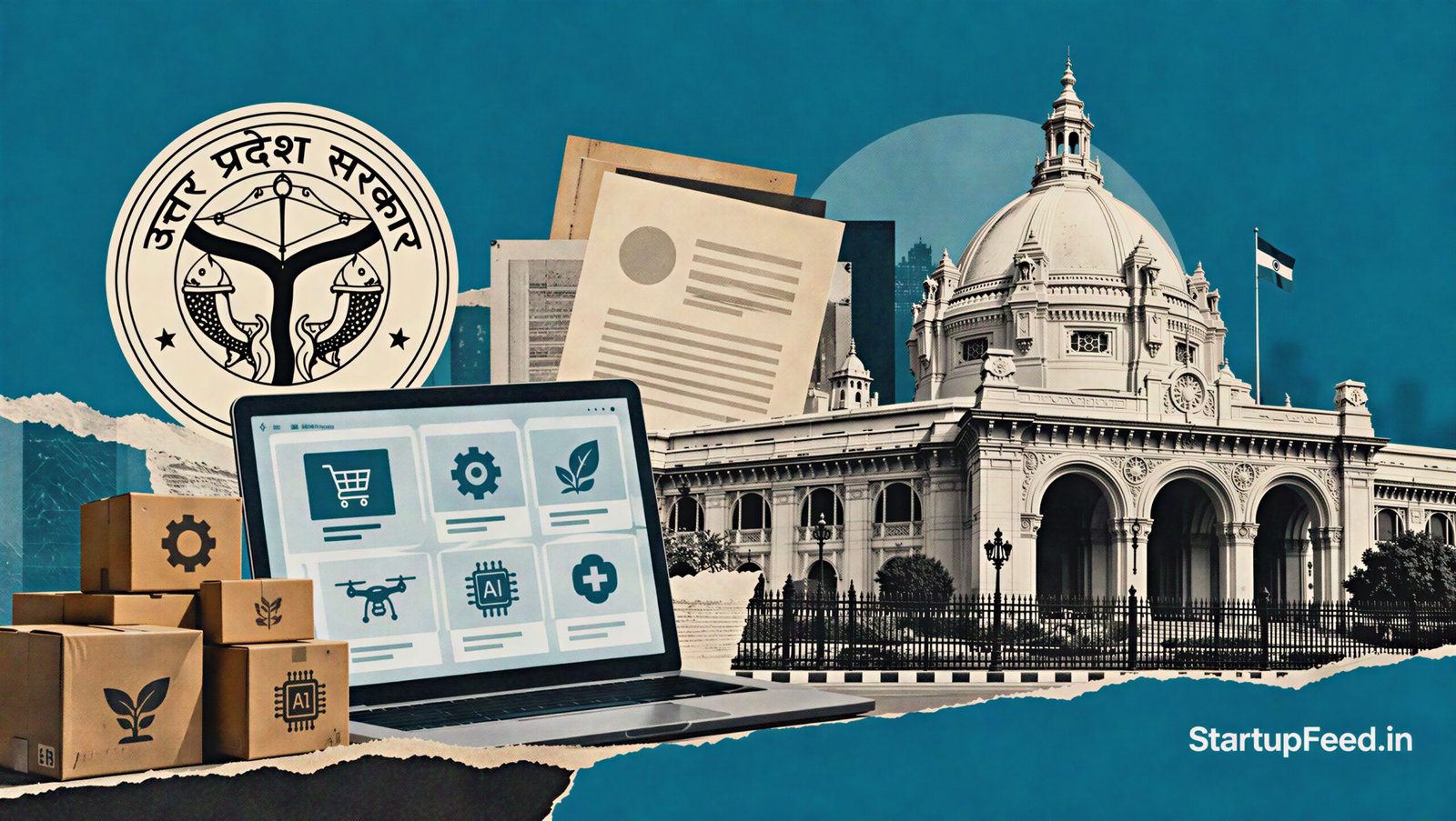 UP Startup Procurement Scheme represented by Uttar Pradesh government emblem, official building and startup procurement documents
