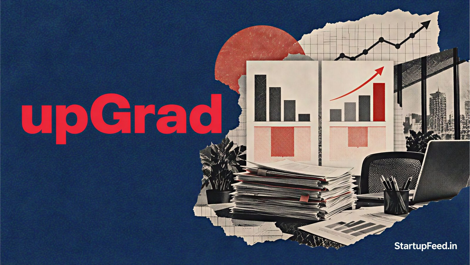 upGrad FY26 loss financial results with company logo, declining cost bars and revenue comparison