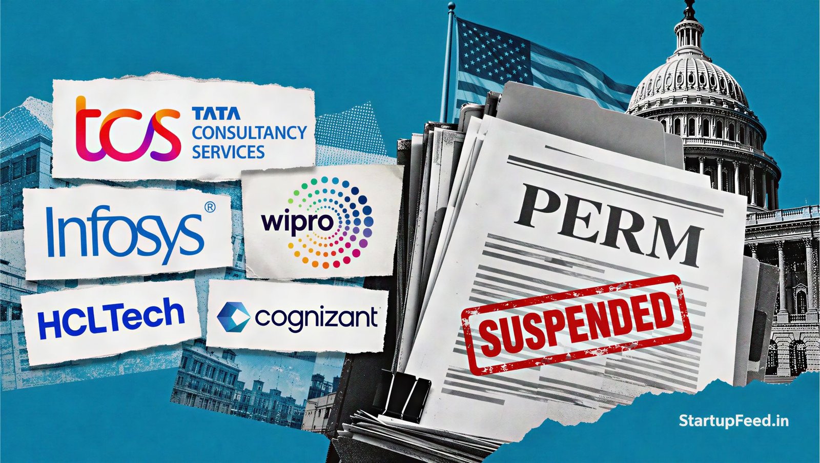 US PERM green card suspension depicted with US government documents and Indian IT company logos