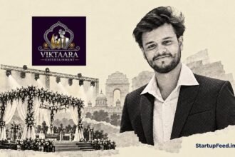 Vikhyat Maini beside the Viktaara Entertainment logo, a wedding stage and Delhi landmarks