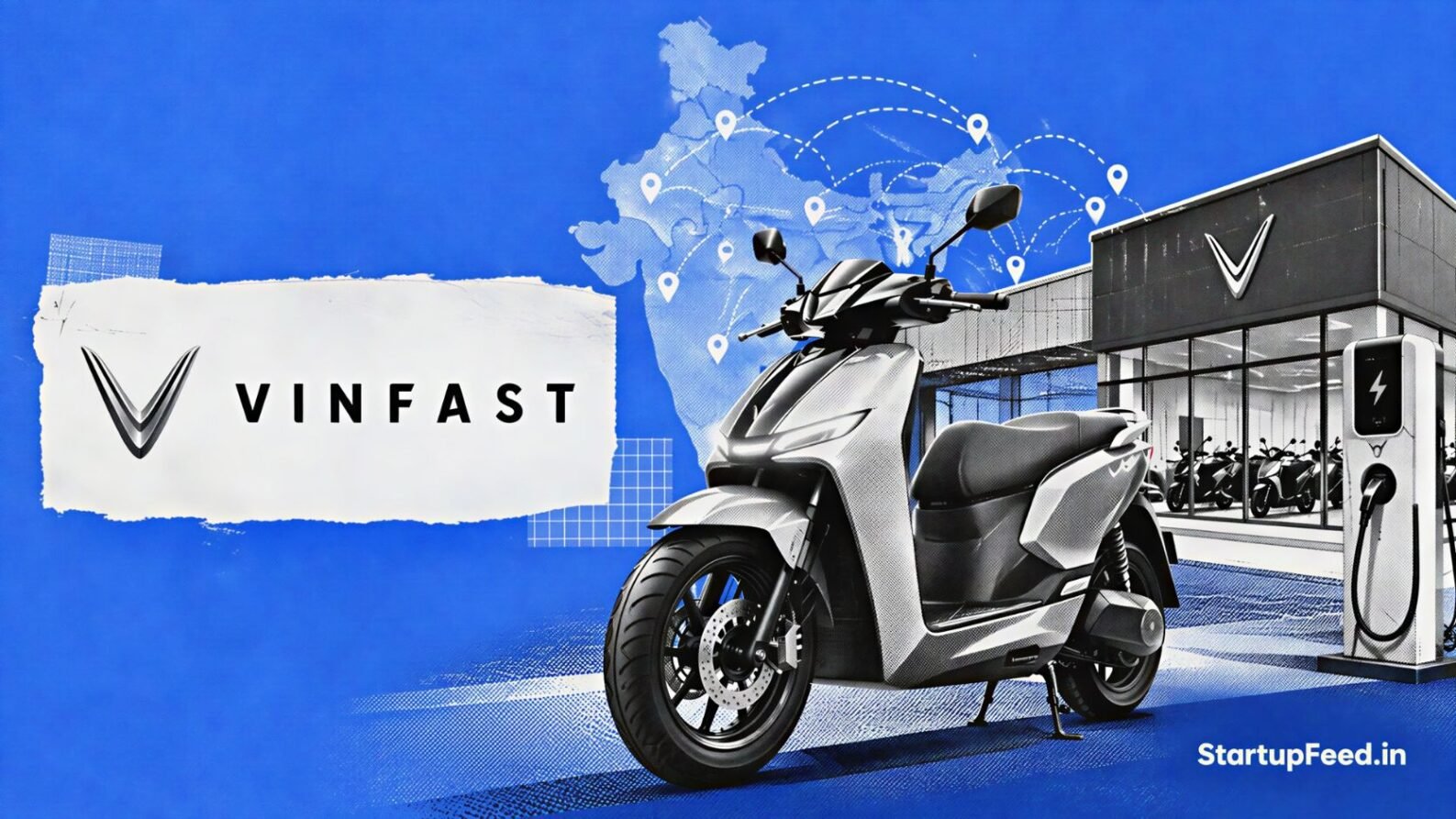 A VinFast e-motorcycle on display at an India dealer showroom