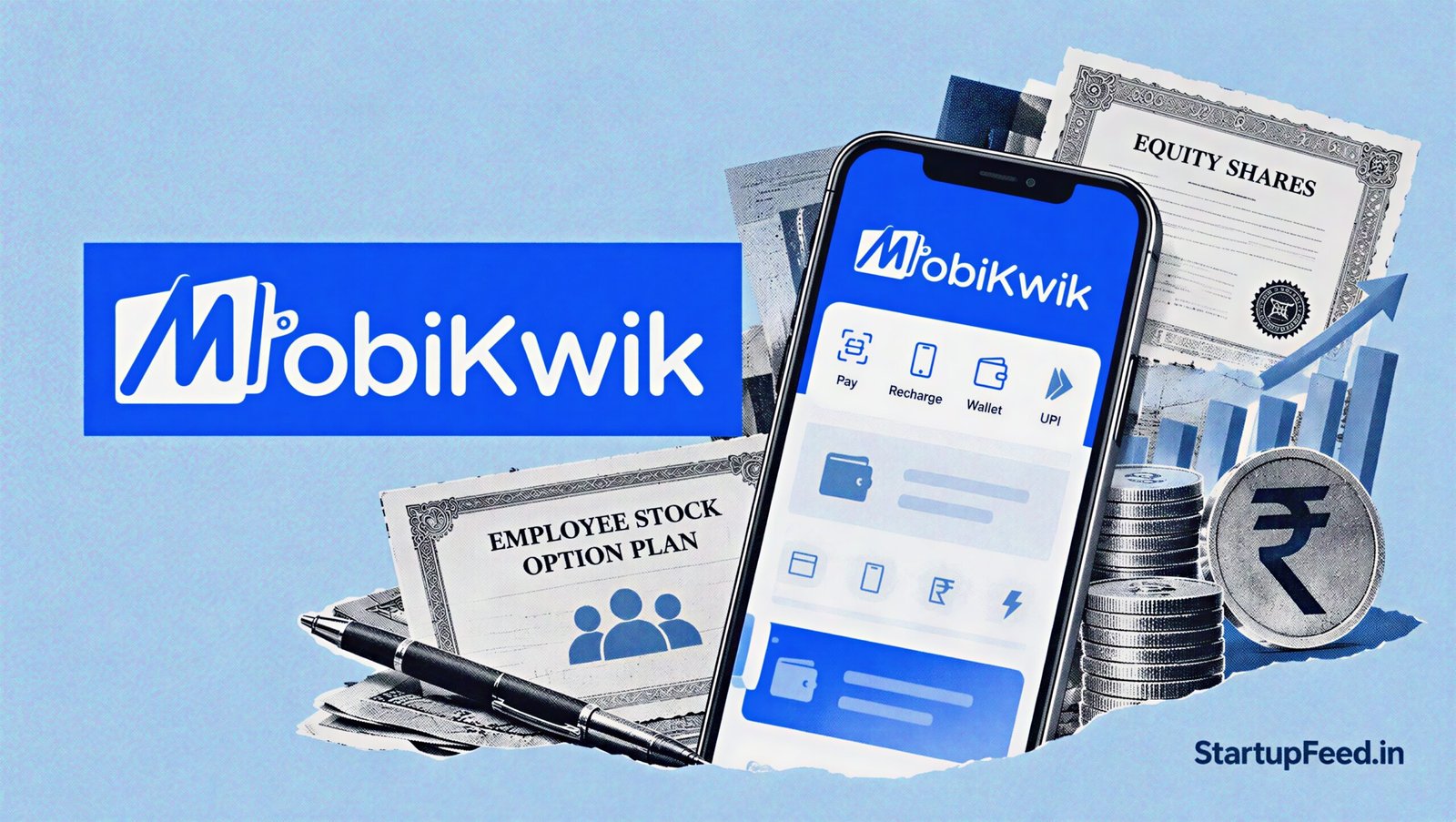 MobiKwik ESOP share allotment represented by a smartphone and employee stock option documents