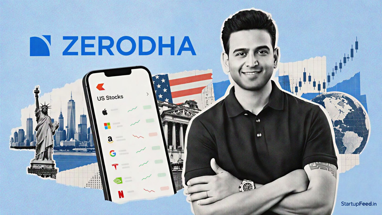 Zerodha US Stocks Live On Kite, Funding From 5 Banks Only 41 Zerodha US stocks watchlist open on the Kite app on a phone